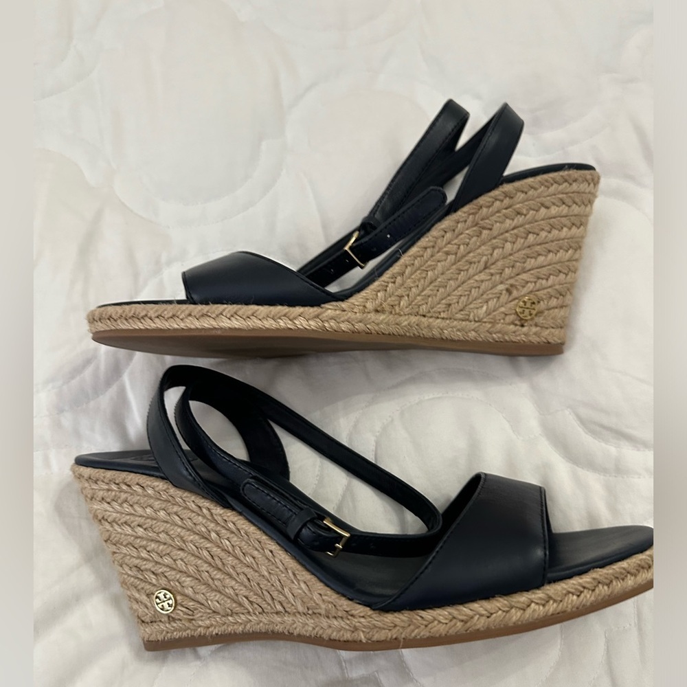 Tory Burch Landon Wedge Espadrille in navy New - ankle strap leather size 8.5 - Picture 1 of 9